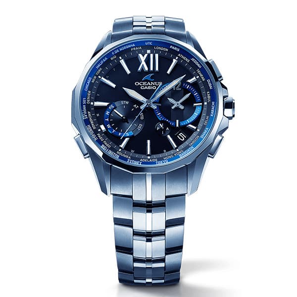 カシオ メンズ 腕時計/CASIO OCEANUS オシアナス クロノグラフ 国内正規品 3連ステンレスベルト 腕時計 ネイビー シルバー 送料無料/込